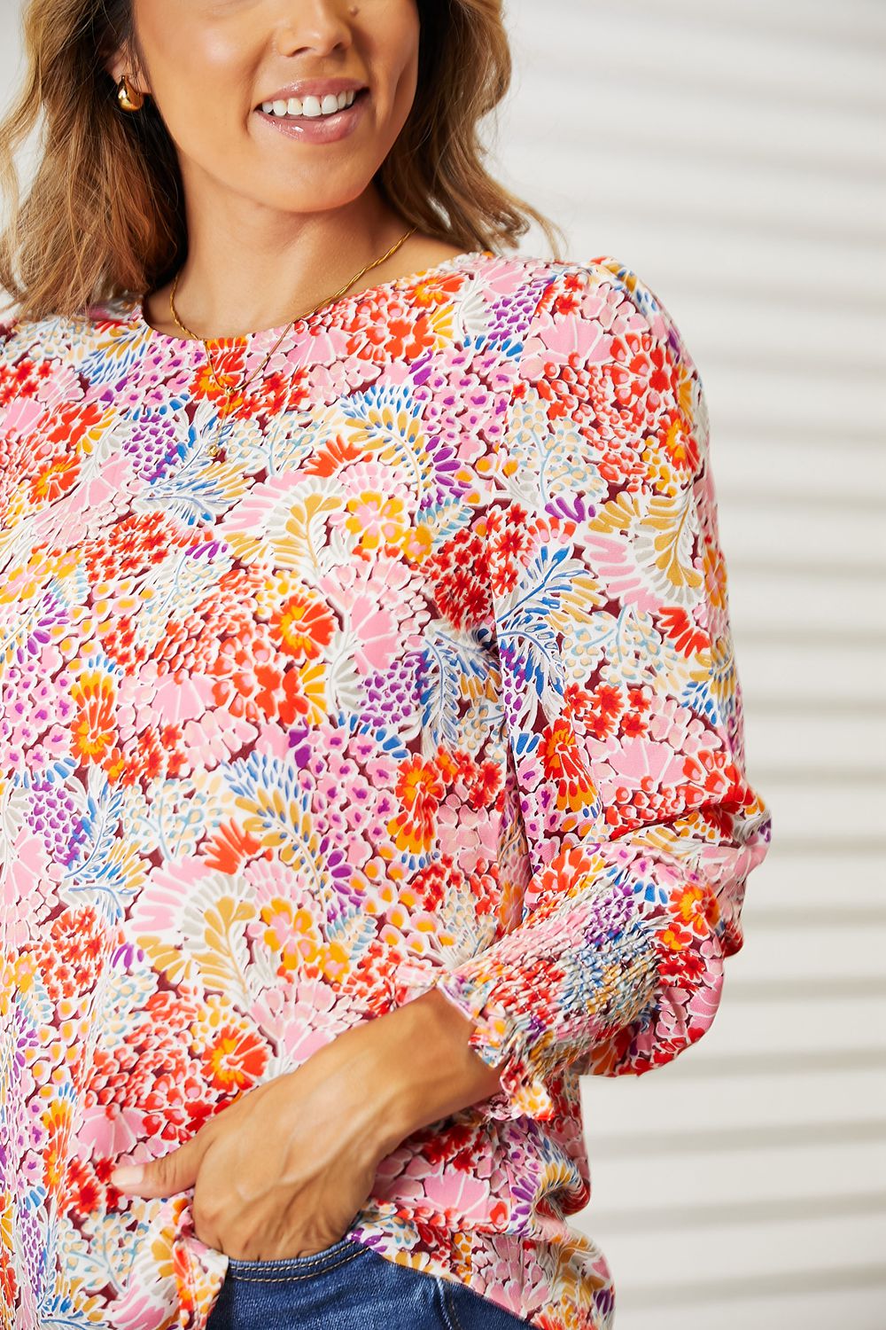 Laura Double Take Floral Print Long Puff Sleeve Blouse