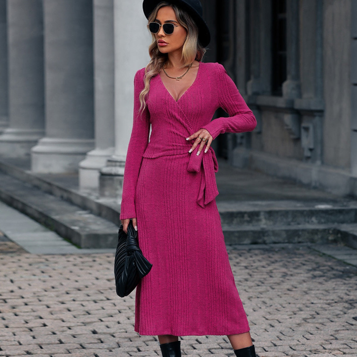 Monique Surplice Neck Tied Long Sleeve Dress