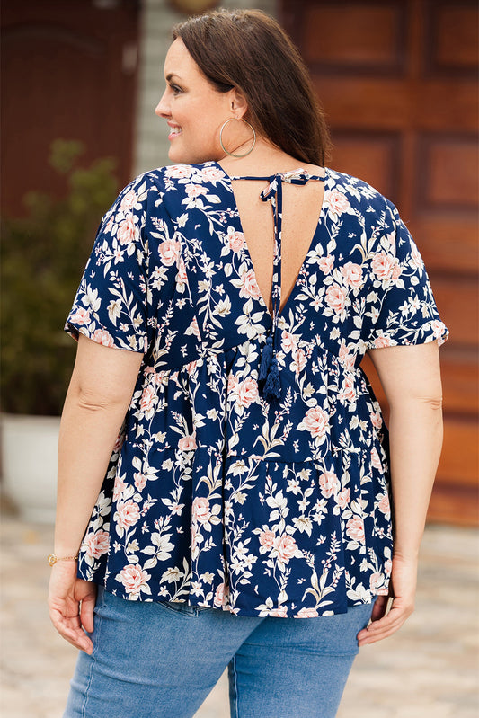 Full size Floral V-Neck Tied Babydoll Blouse