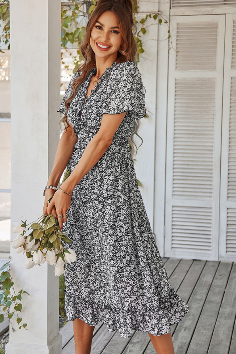 Floral Frill Trim V-Neck Dress