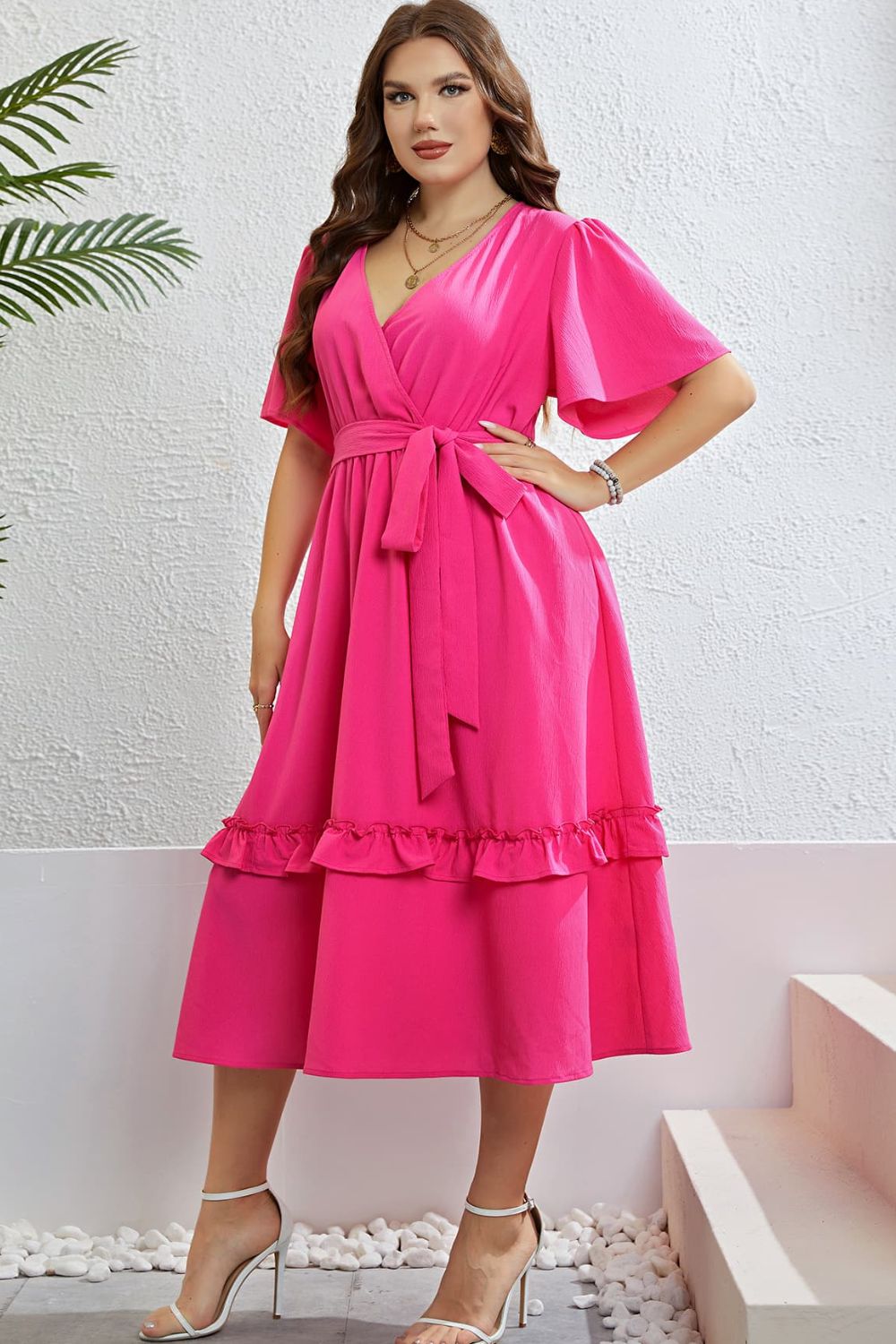 Plus-size Belted Frill Trim Flutter Sleeve Dress
