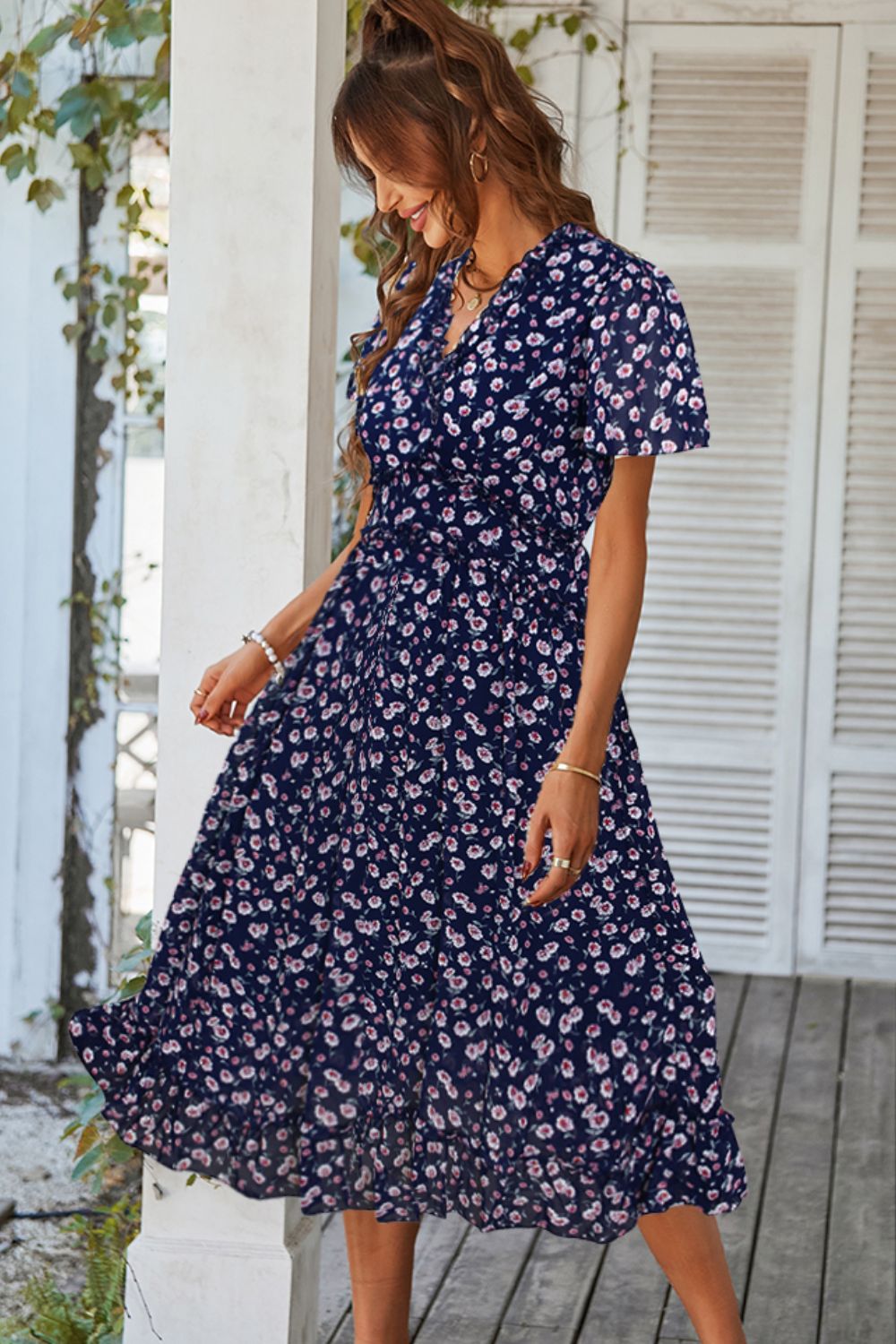 Floral Frill Trim V-Neck Dress