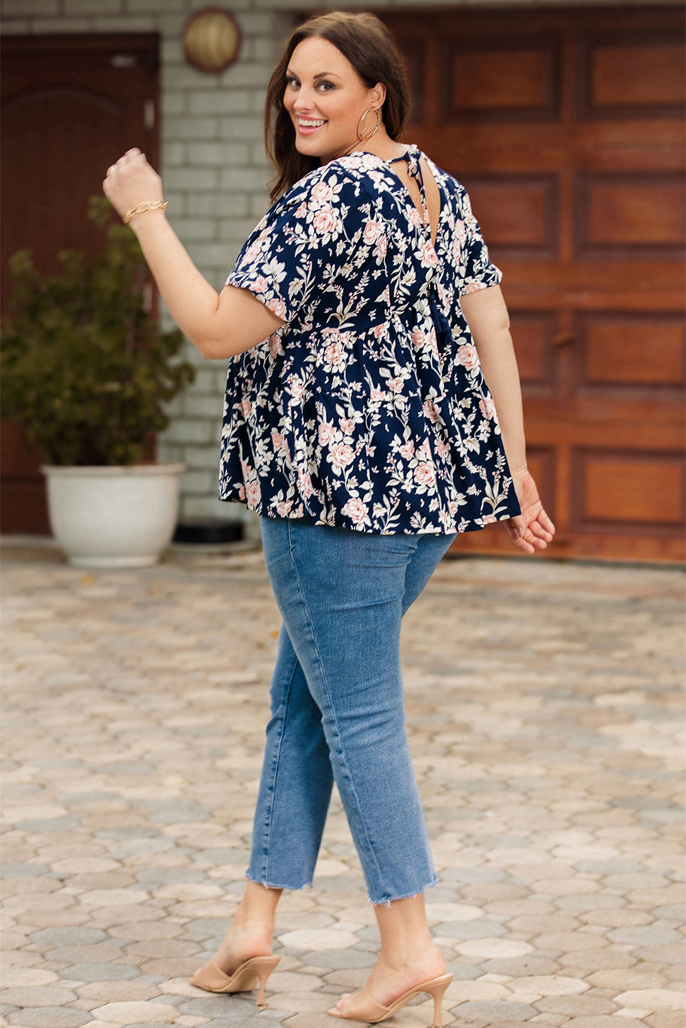 Full size Floral V-Neck Tied Babydoll Blouse