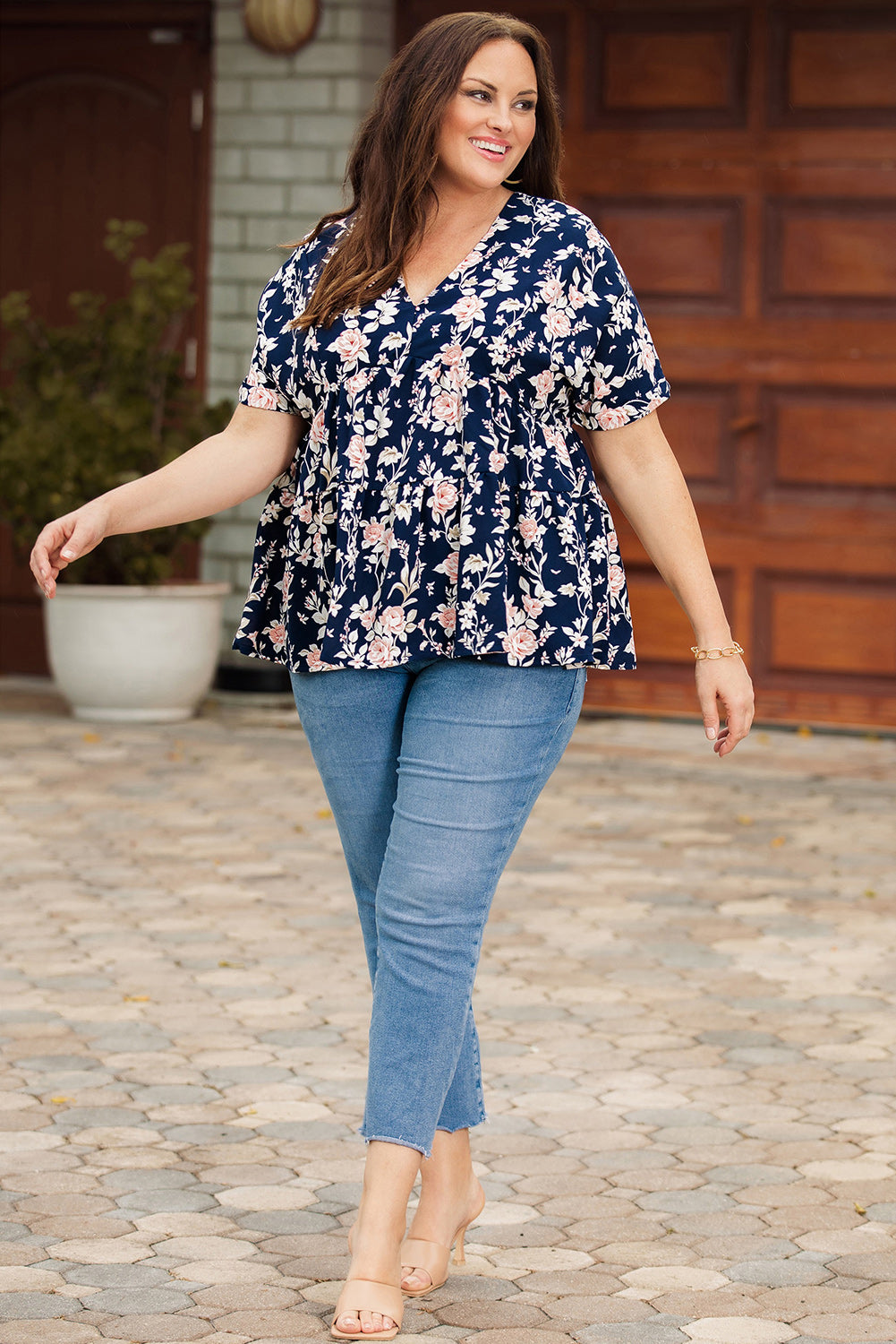 Full size Floral V-Neck Tied Babydoll Blouse