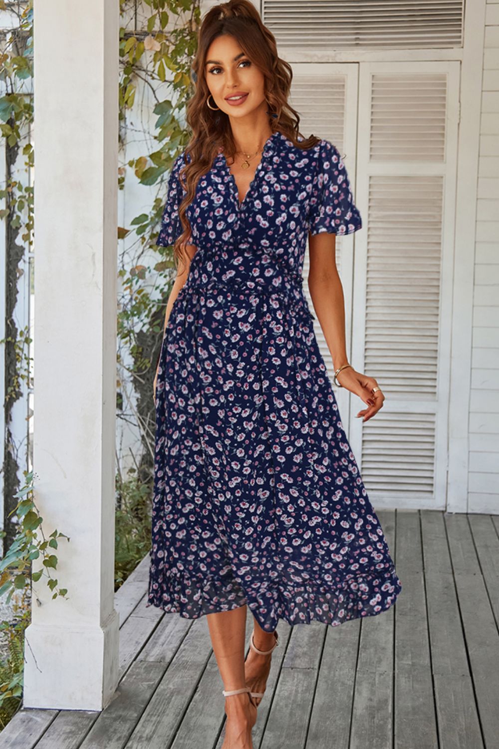 Floral Frill Trim V-Neck Dress