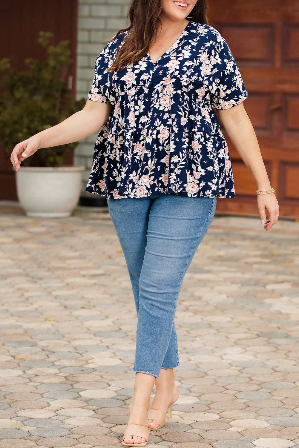 Full size Floral V-Neck Tied Babydoll Blouse