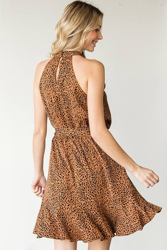 First Love Leopard Belted Sleeveless Dress