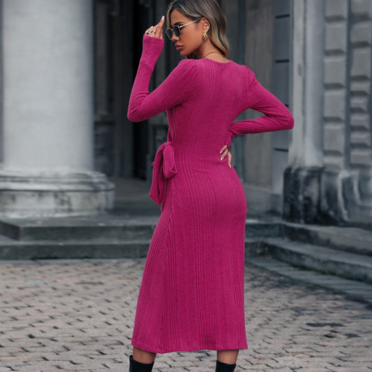 Monique Surplice Neck Tied Long Sleeve Dress