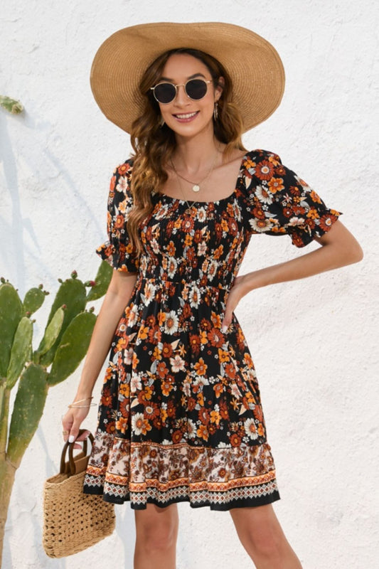 Maria Printed Square Neck Short Sleeve Dress