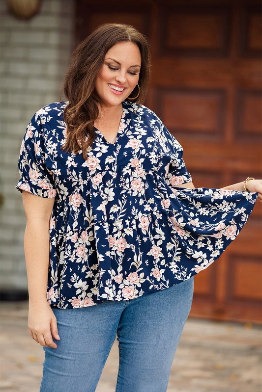Full size Floral V-Neck Tied Babydoll Blouse